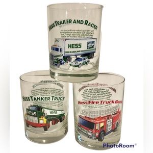 1996 Hess Toy Truck Whiskey Glasses Fire Engine Tanker Trailer Racer Set Of 3